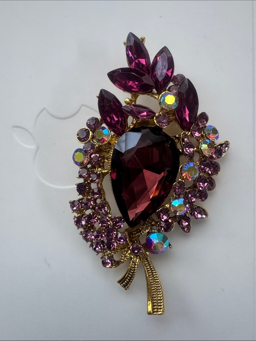 New Gold-Tone Purple Crystal Floral Brooch - Sparkling Violet Pin